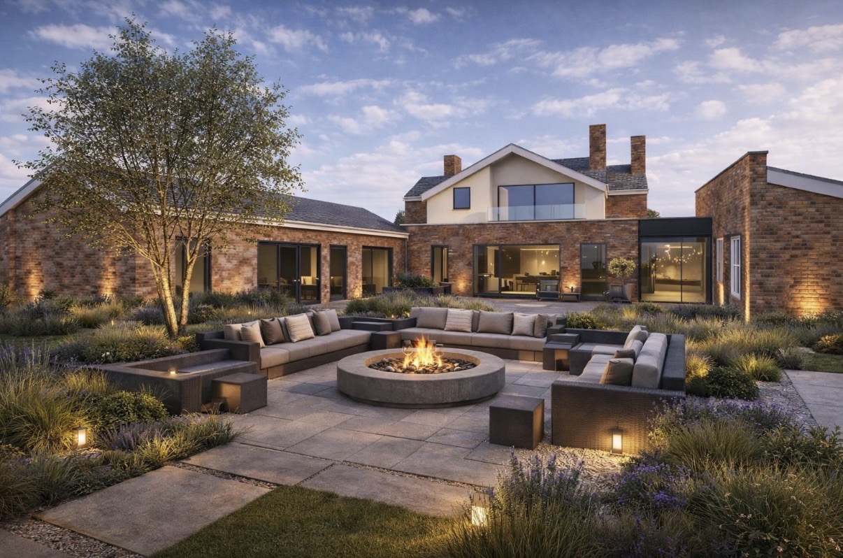 Dusk-lit landscaped terrace with fire pit and brick and render property by Duke Design Services